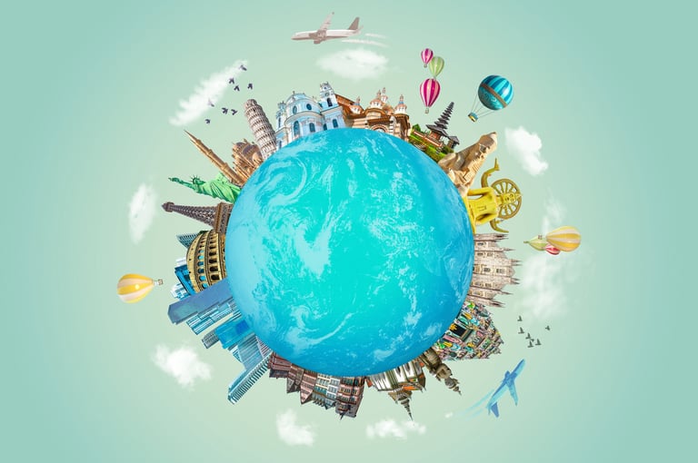 World religious and architecture monuments collage or globe from different religions