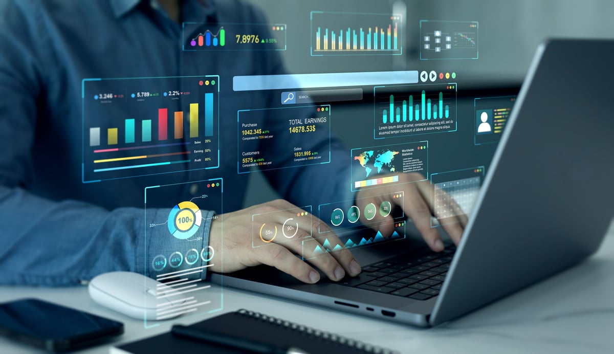 Businessman using KPI dashboard. Financial business data analytics graph dashboard. Management data System KPI connected in database for follow earnings, operations and sales data