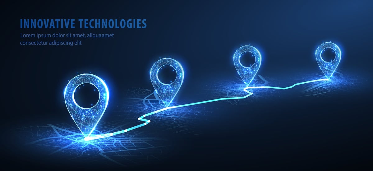 Four pins on the city map and line, delivery, map location, transport logistics, tourism navigation