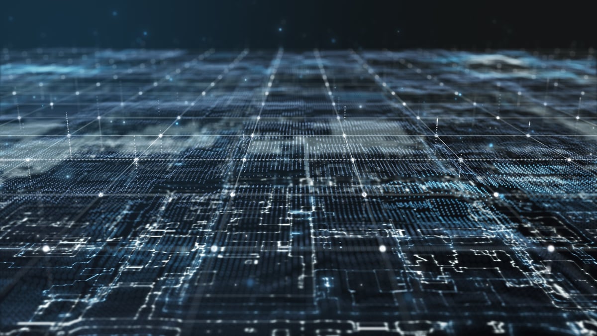 Futuristic Circuit Grid Network Glowing Blue Tech Landscape Background