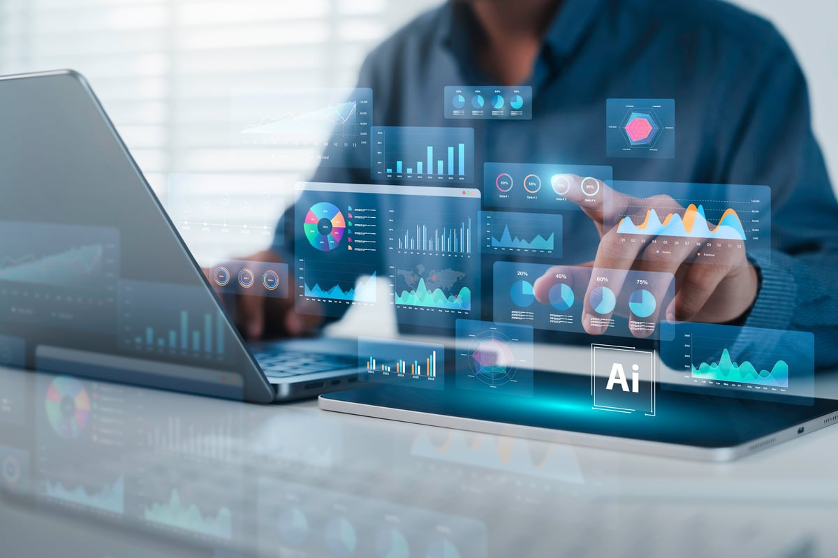 An analyst uses a computer and dashboard for data business analysis and Data Management System with KPI and metrics connected to the database for technology finance, operations, sales, SEO marketing