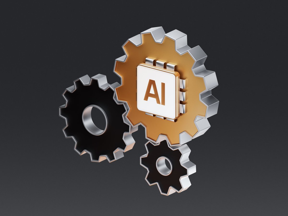 3D render of metallic gears with an AI chip at the center, symbolizing artificial intelligence automation, machine learning, and modern digital technology systems.