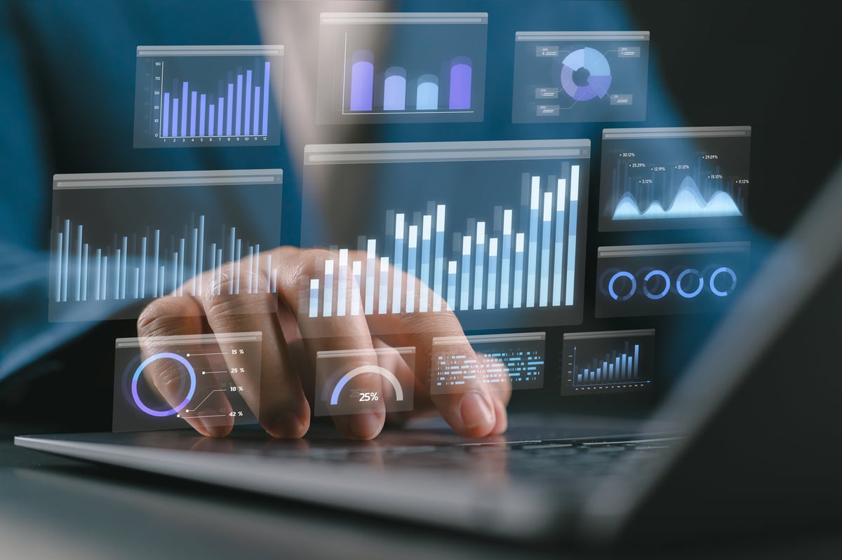 Data analytics dashboard displaying business growth metrics and real estate performance statistics