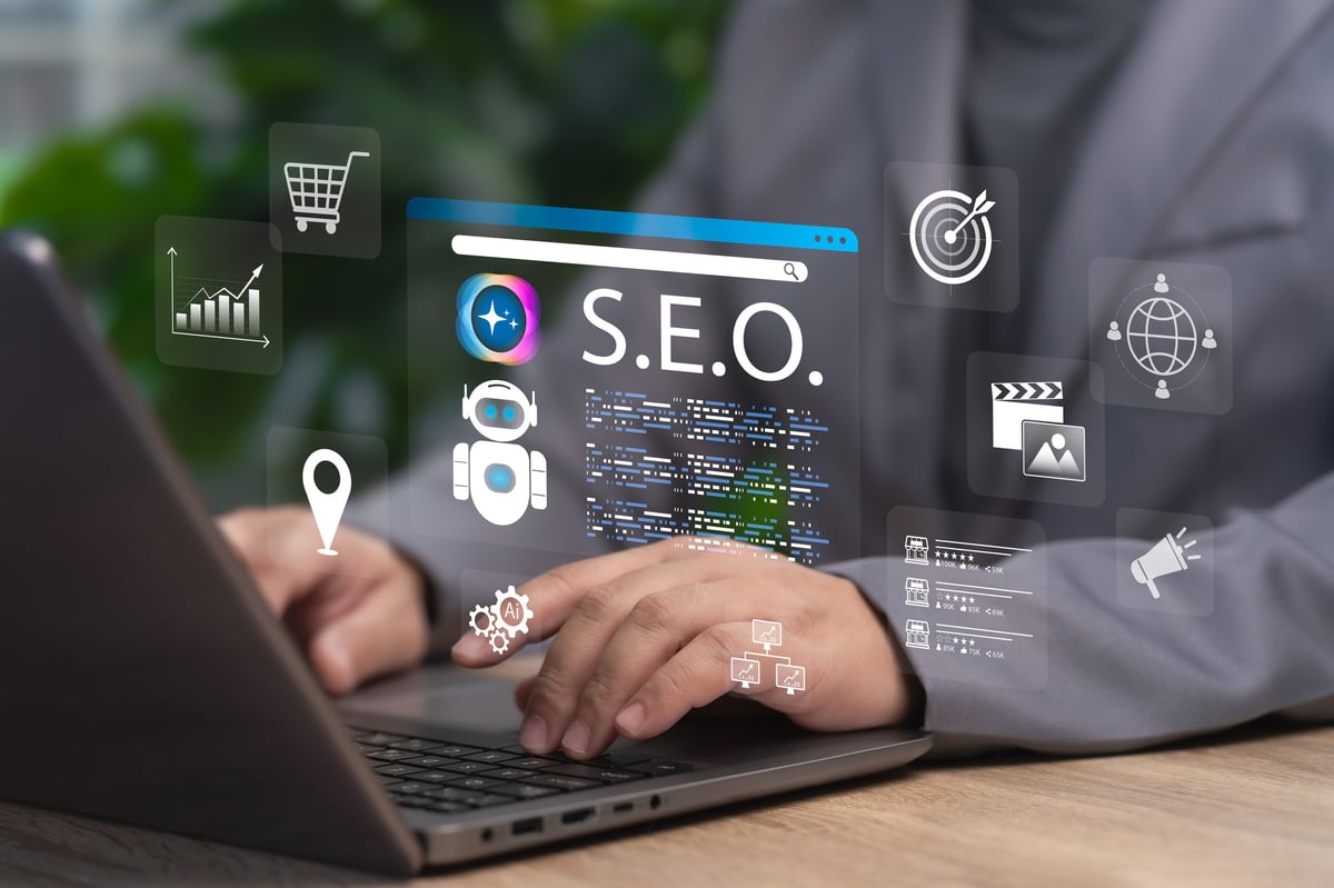 Businessman Using AI-Powered SEO System for Digital Marketing Strategy, Data Analytics Dashboard and Search Optimization to Increase Online Visibility, Website Traffic and Performance Efficiency
