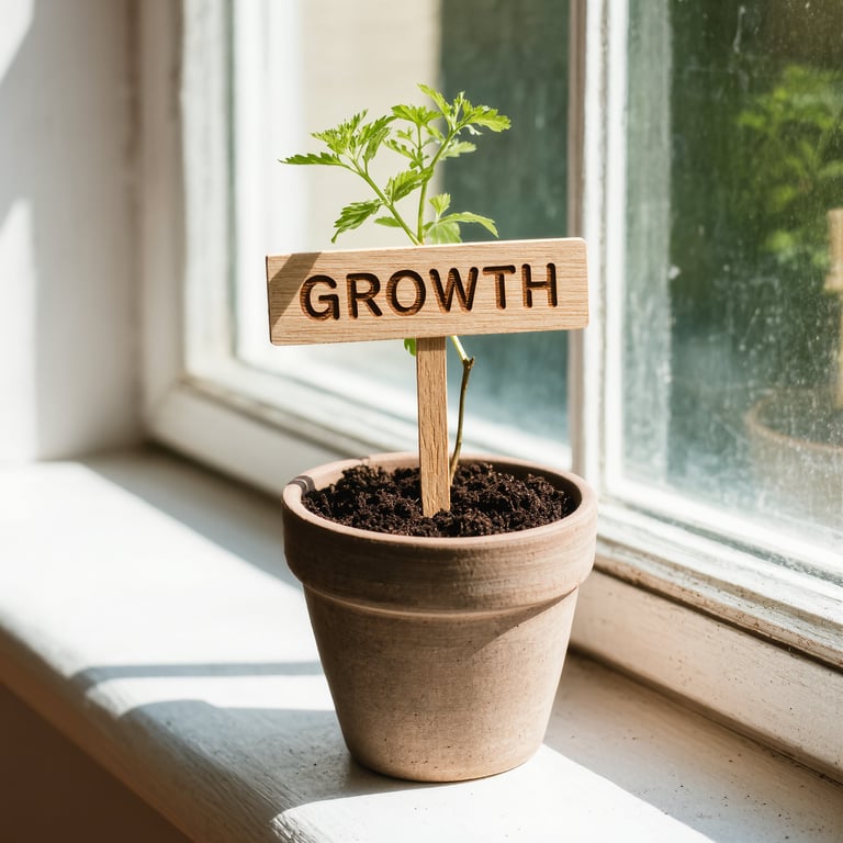Potted seedling with green leaves on windowsill, labelled GROWTH on wooden stake, representing organic and sustainable business growth through AI marketing strategies