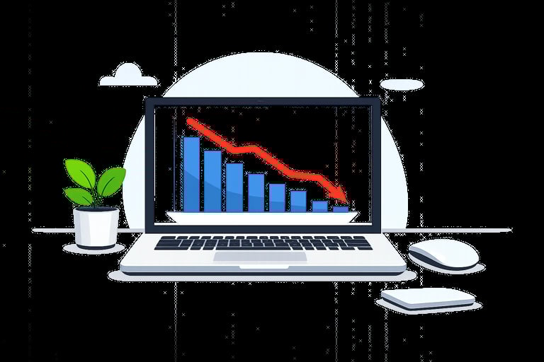 An image showing a declining traffic chart on a minimalist laptop setup