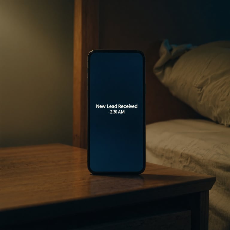 Smartphone displaying a New Lead Received notification at 2:30 AM, illustrating how AI chatbots capture valuable business opportunities outside office hours and ensure instant response to enquiries.