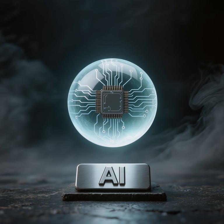 Glowing sphere with circuit board pattern and AI label on pedestal, representing advanced artificial intelligence technology for image optimisation and modern search engine algorithms