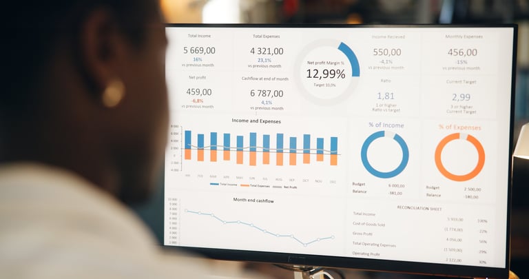 Person viewing a computer monitor displaying business analytics dashboard with charts, graphs, and financial metrics