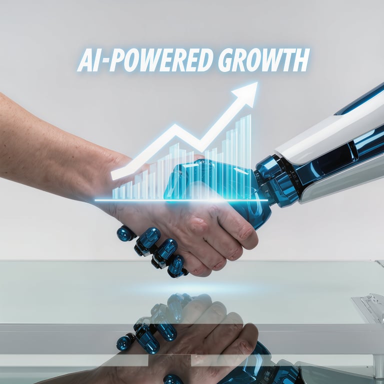 Human and robot hands shaking with AI-powered growth chart and upward arrow graphic overlay, illustrating strategic AI partnership for sustainable business growth