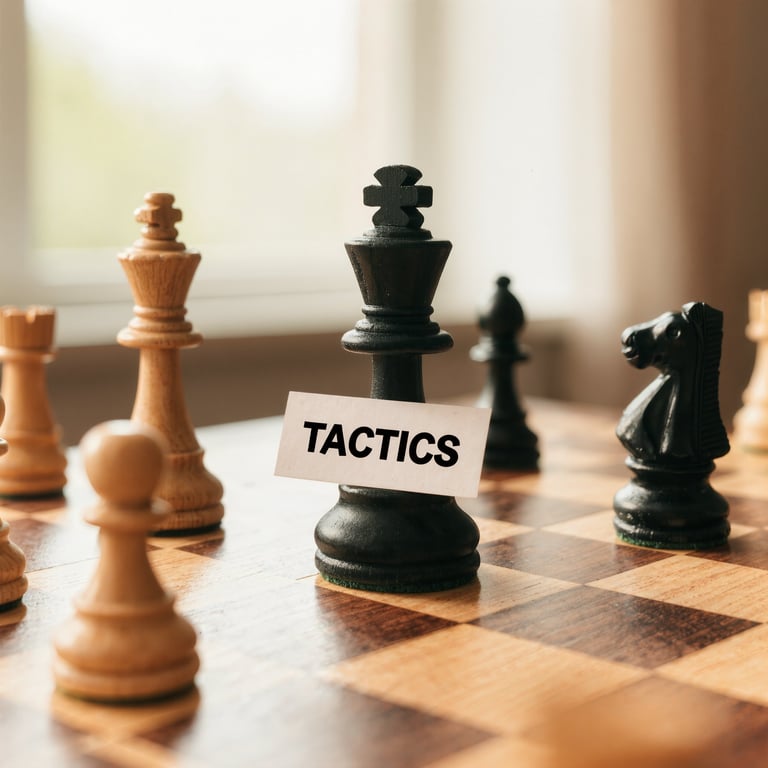 Chess board with strategic game pieces and black queen labelled TACTICS, illustrating how digital marketing consultants use data-driven strategies to outmanoeuvre competitors and drive business growth