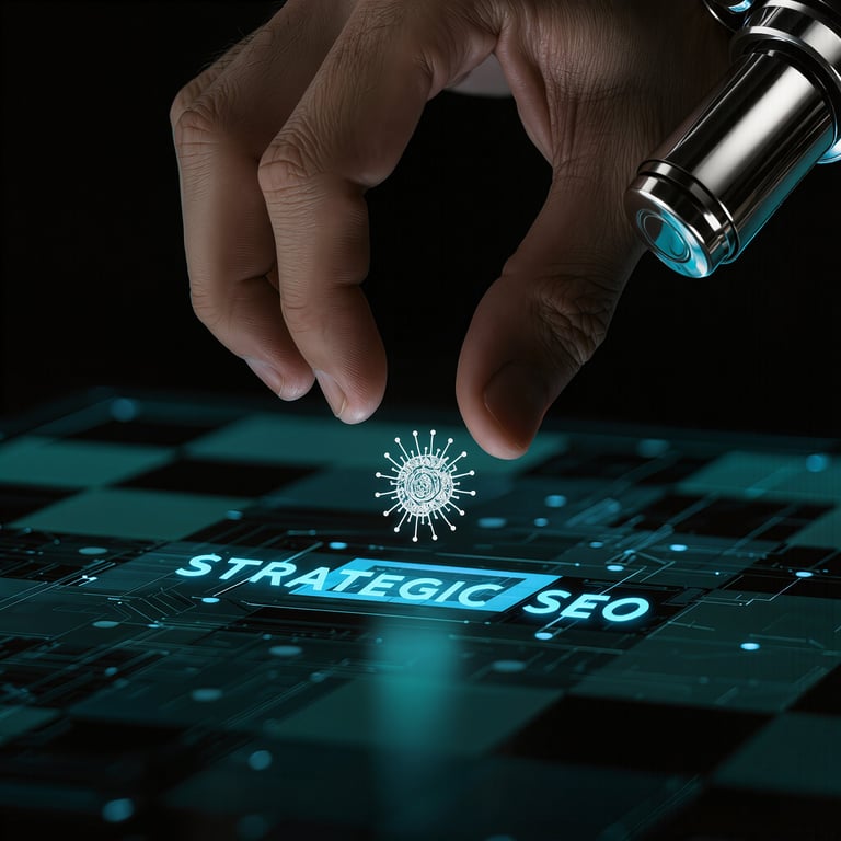 Hand holding magnifying glass examining digital screen displaying Strategic SEO text with glowing virus icon, representing comprehensive search engine analysis and optimization services