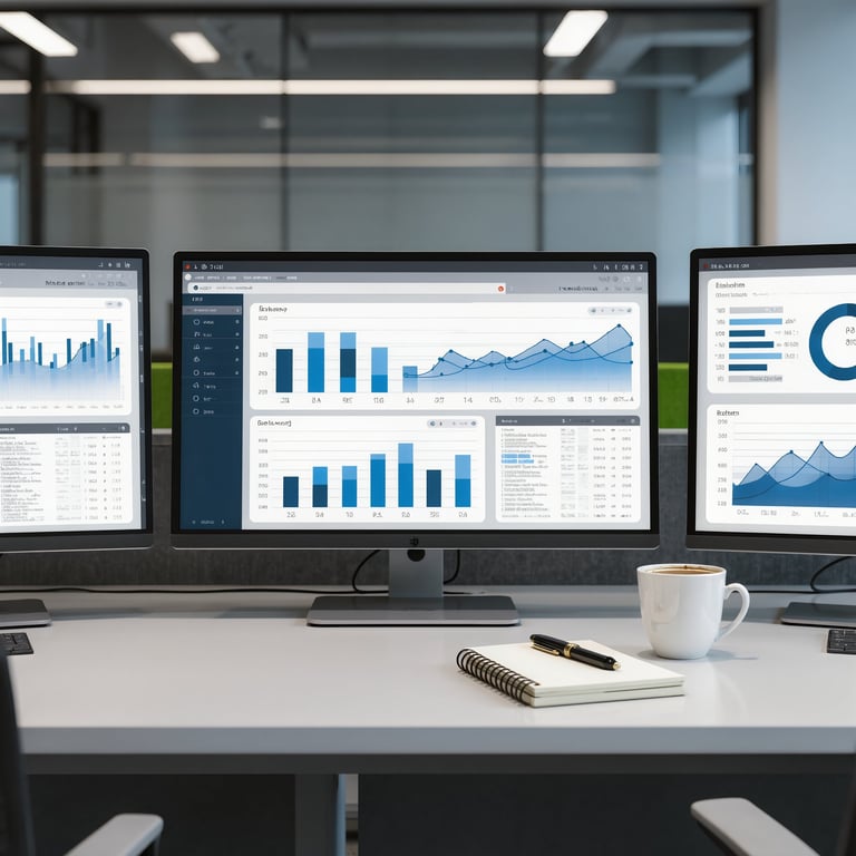 Three monitors displaying business analytics dashboards with bar charts and graphs, demonstrating comprehensive SEO performance tracking and measurable marketing results