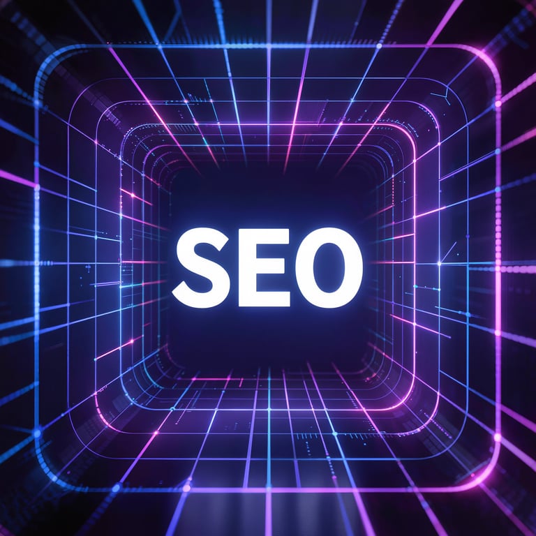 Futuristic neon 3D tunnel with glowing blue and purple grid lines converging toward white SEO text, representing AI-powered search engine optimization technology